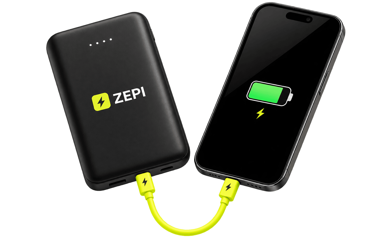 ZEPI power bank charging a smartphone with a built-in cable.